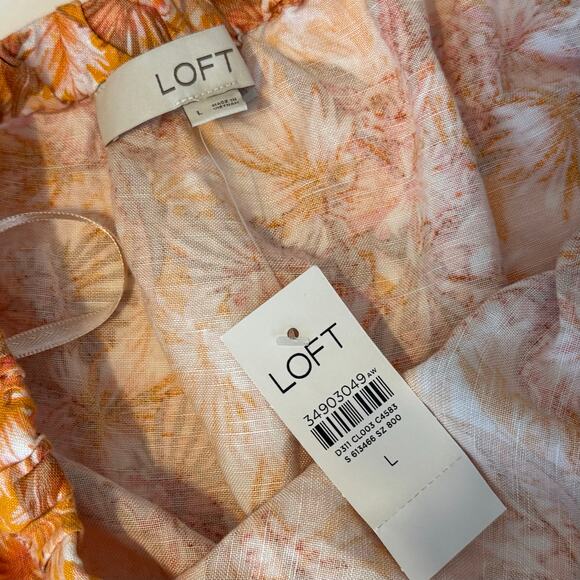 LOFT Linen One Shoulder Top Large NWT Floral Puff Sleeve Blouse Coastal Vacay - Picture 3 of 7